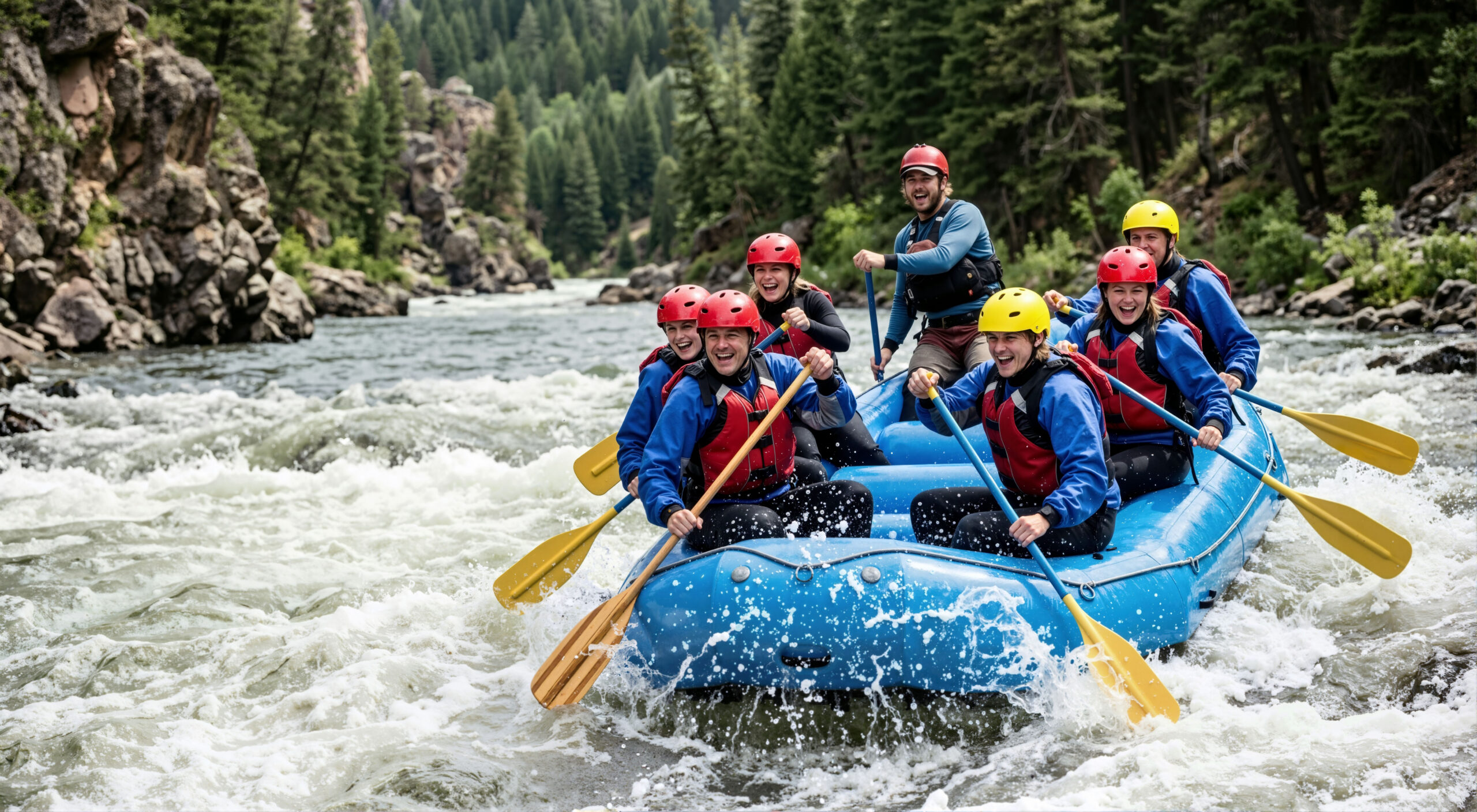 Rafting-Gruppe in einem Schlauchboot auf wildem Wasser